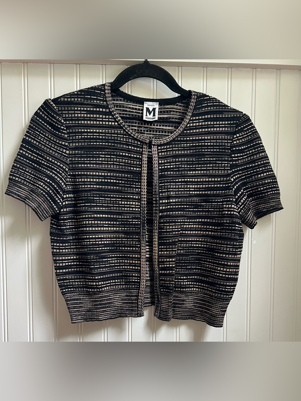 M Missoni Short Sleeve Textured, Space-dyed Horizontal Knit Cropped Cardigan New
